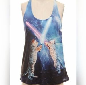 Interstate Apparel Mens Galactic Cat Tee White Trim Black Tank Top Black
